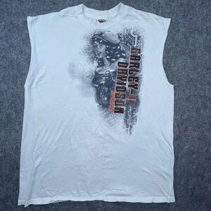 Harley Davidson Shirt 2XL White Pin-Up Girl Visalia California Sleeveless Muscle